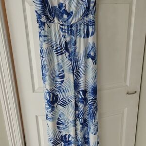 Blue and White Tropical Maxi Dress